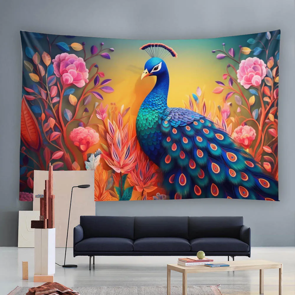 

Colorful peacock tapestry, tree branches, flower wall hanging, bedroom and office, elegant home decoration, creative gift