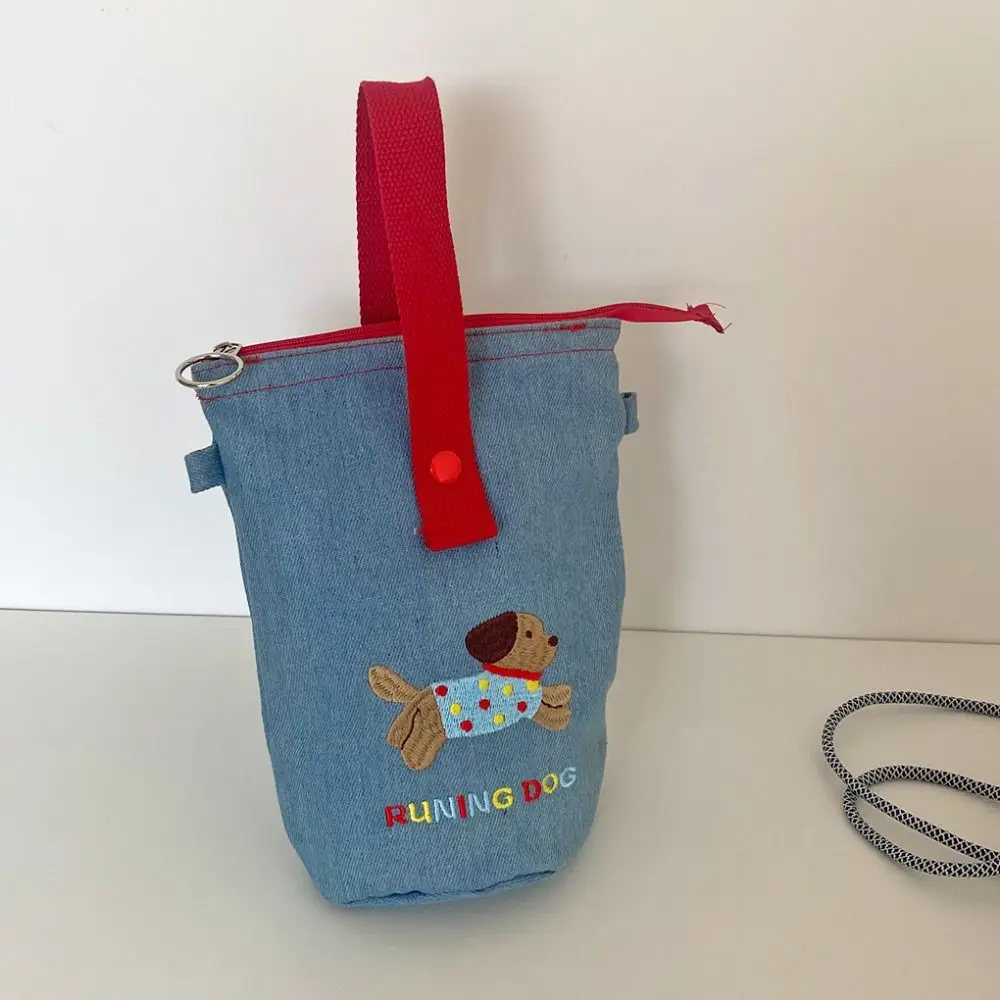 Cartoon Embroidery Puppy Pencil Case Large Capacity Stationery Bag Denim Crossbody Bag Handbag Canvas Cosmetics Storage Pouch