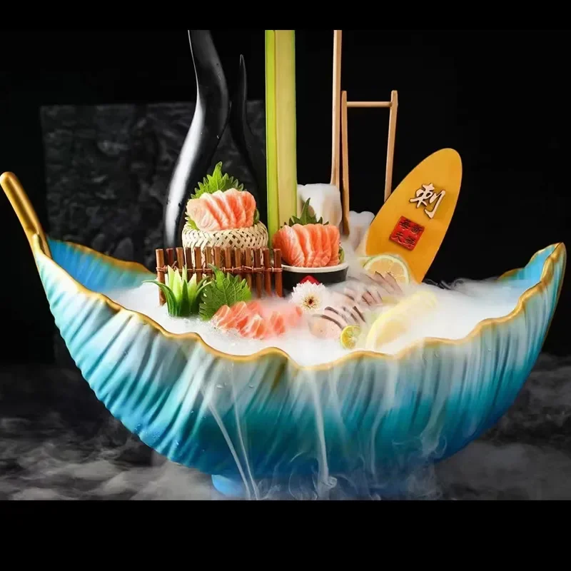 Chiyo Salmon Sashimi Plate Ice Seafood Fish Carving Platter Raw Dry Ice Tableware Special Dish for Restaurant Home Dining