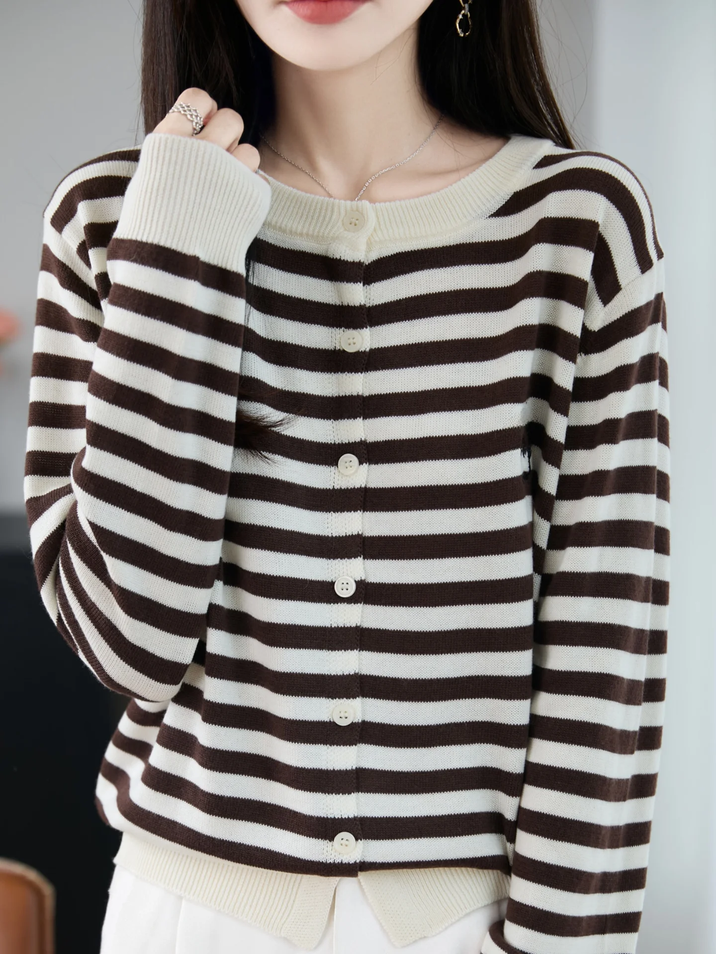 Cárdigan de punto para mujer, capa Base cálida, prendas de vestir exteriores, Color a rayas, informal, holgado, largo, Sve, redondo, Ne Top