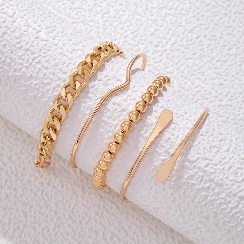 4szt Punk Curb Cuban Chain Bracelets Set for Women Simple Thick Gold Color Charm Bracelets Fashion Jewelry Accessories New