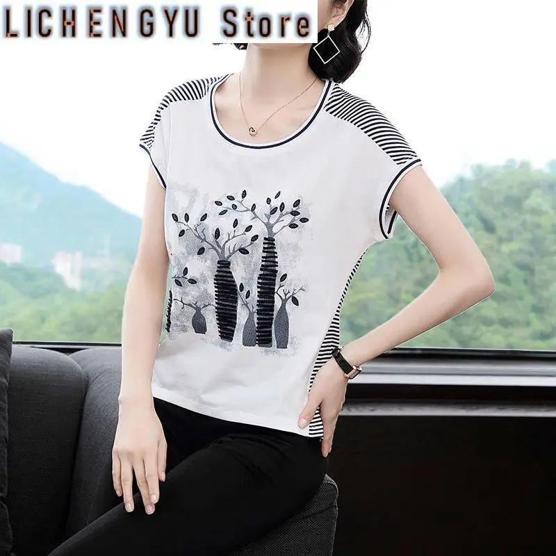 

New Summer Women's Contrast Color Striped O-Neck Short Sleeve Loose Plus Size Pullovers Fashion and Casual All Match Tops