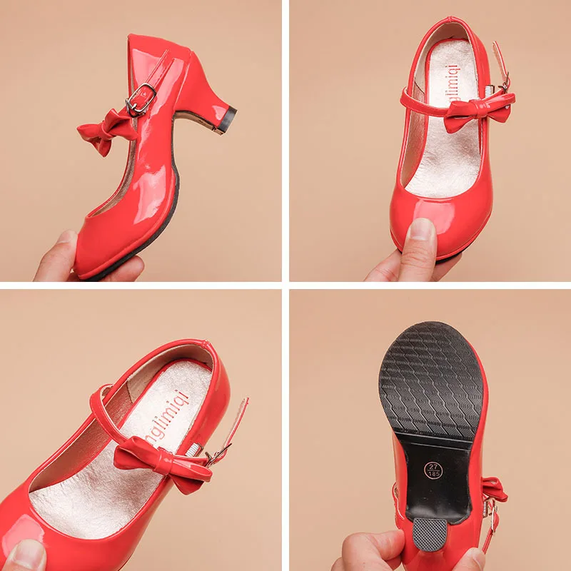 Spring Autumn Solid Color Leather Shoes for Girls Middle Older Children Red Students Perform Dance Round Head Princess Shoes