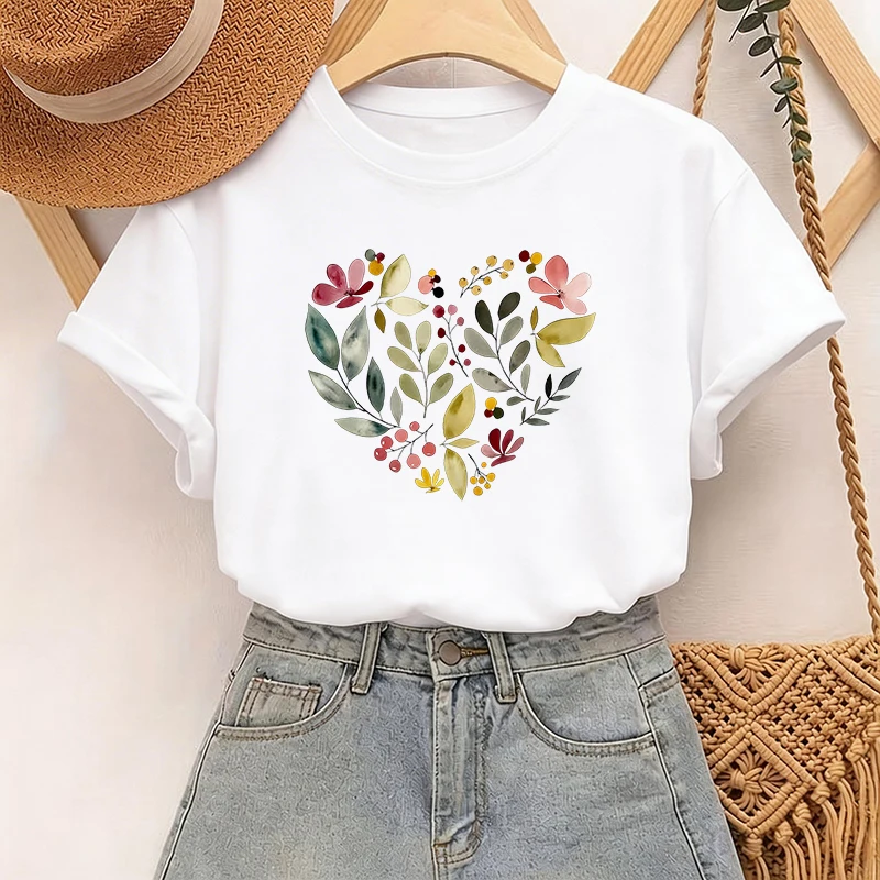 Damen-T-Shirt mit Blumenmuster und Herz-Print, Kurzarm, Klassisches Grafik-T-Shirt, Lässige Oberteile für Damenmode