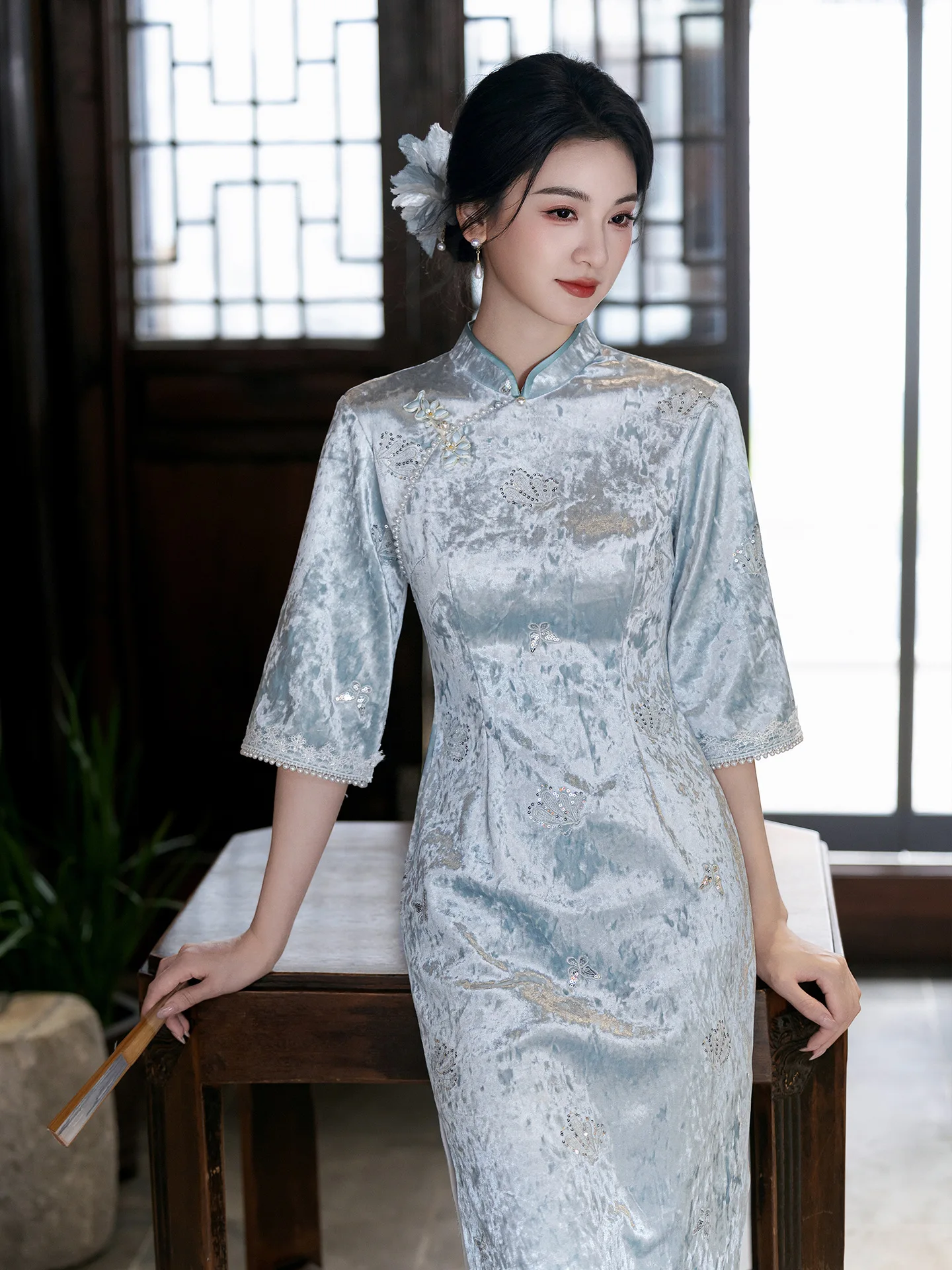 Autumn Daily Slimming Chinese Style Three-quarter Sleeve Cheongsam Temperament Long Style Women Velour Qipao Dress