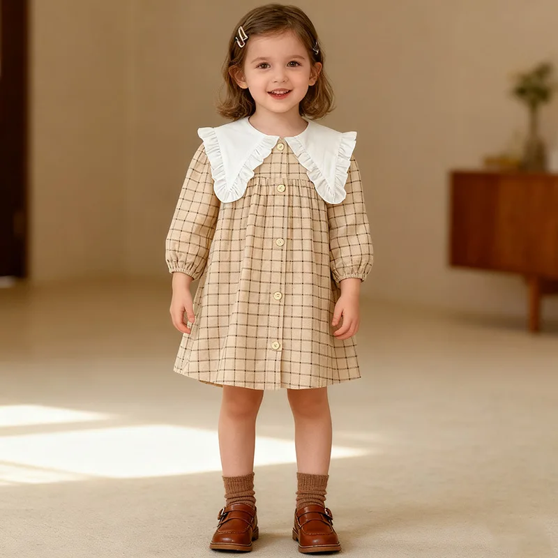 

Girls' Dress Spring and Autumn New Children's Large Collar Plaid Dress Girl's Casual Dress Autumn Outfit