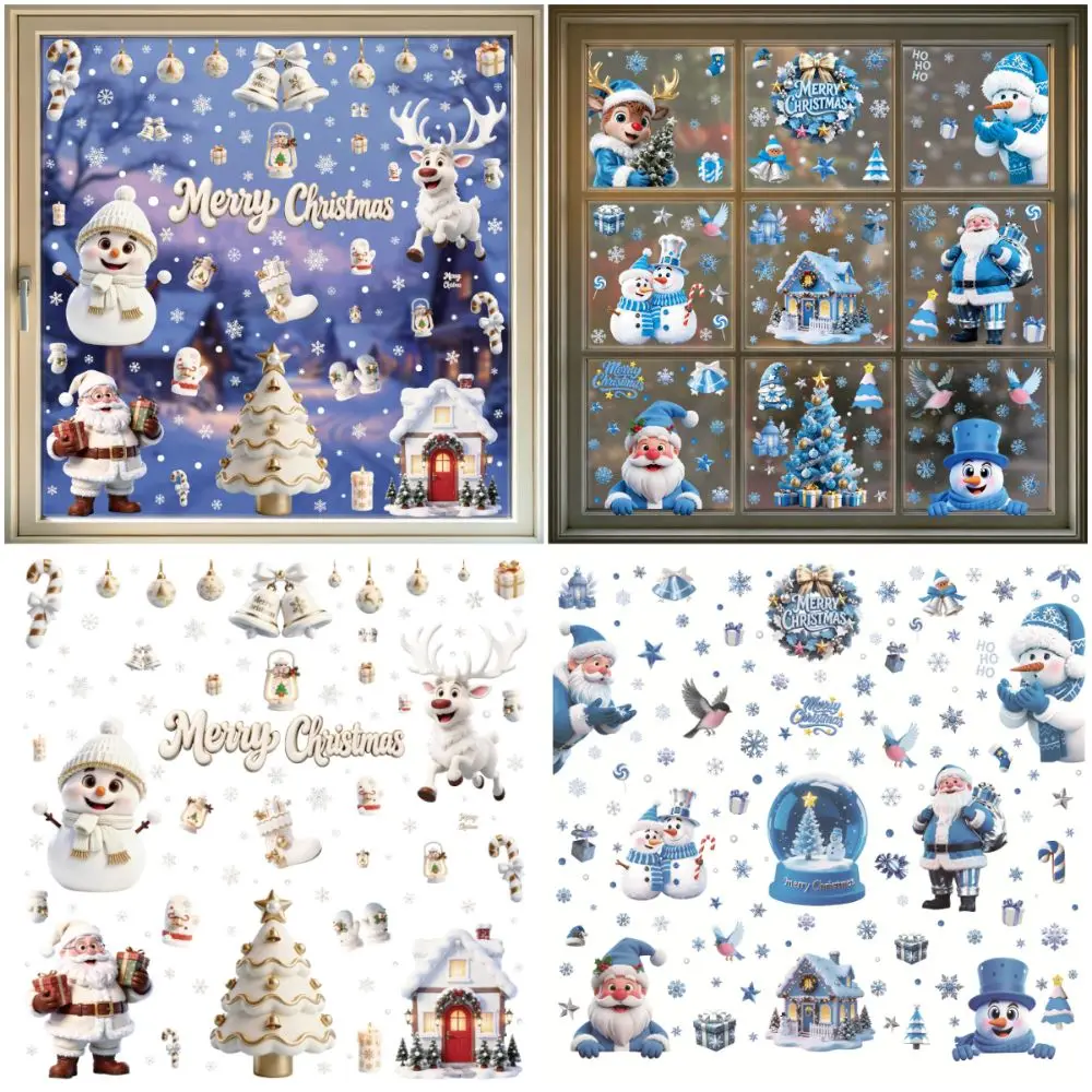 Electrostatic Merry Christmas Window Stickers Blue White Snowflake Snowman Deer Christmas Static Decals Photo Props Waterproof