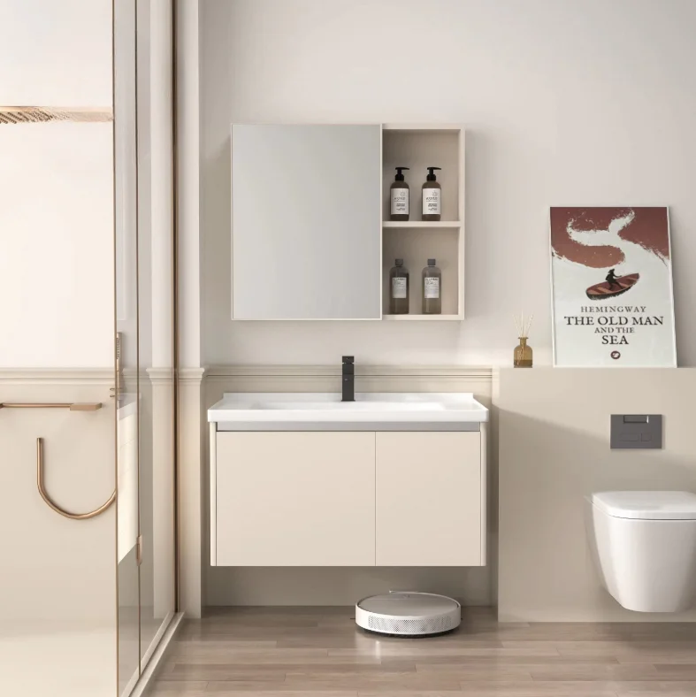 ￥#Modern PVC Hotel Vanity Cabinet with Ceramic Basin Wall-Mounted Narrow Design Mirror Included