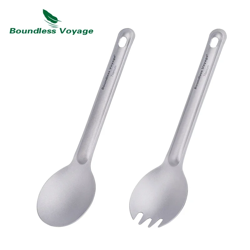 Boundless Voyage Titanium Spoon Spork Set Long Handle with Hang Hole Outdoor Flatware Ultralight Travel Picnic Kitchen Tableware