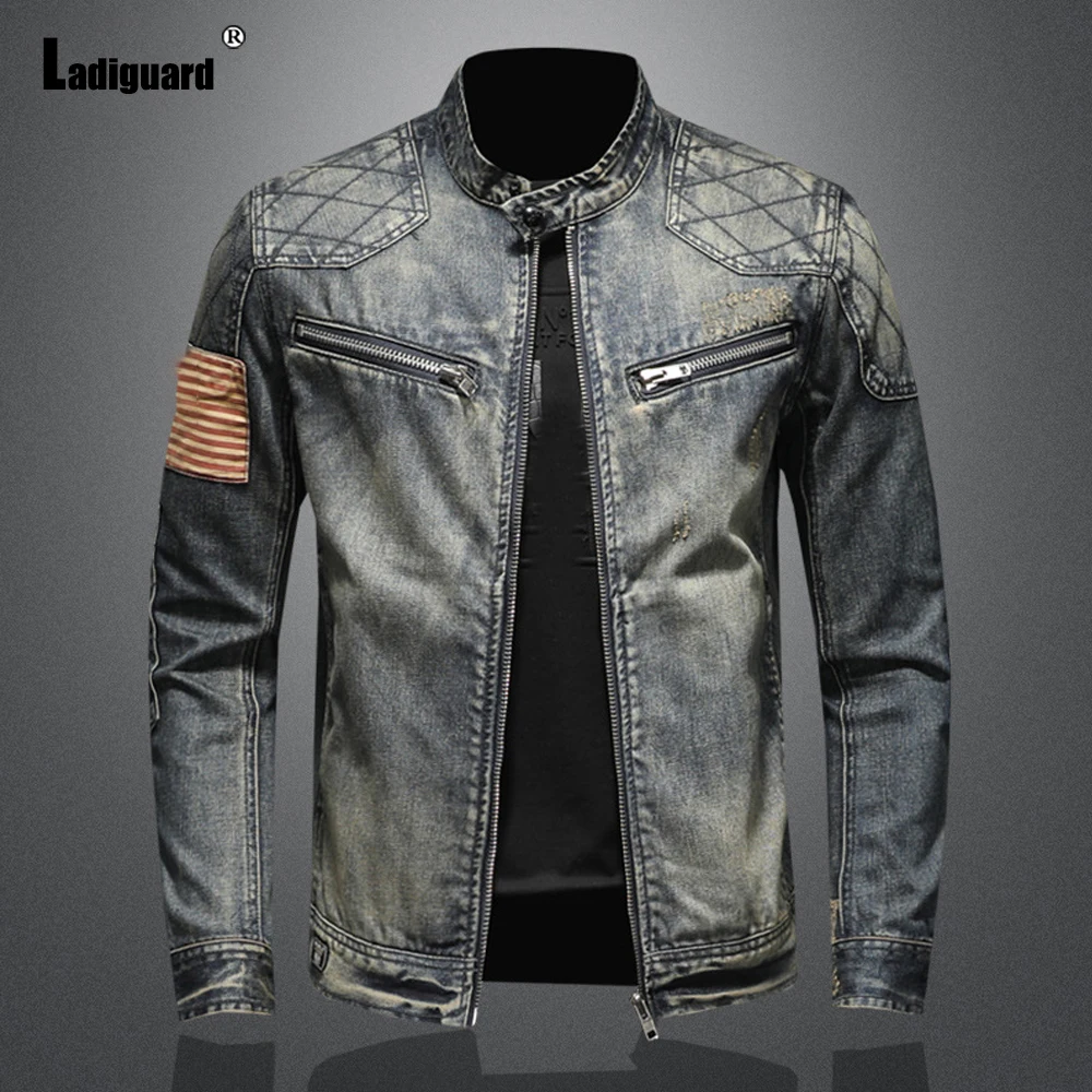 Ladiguard Men Demin Jackets Trend 2024 New Spring Autumn Outerwear Patchwork Multi zipper Jeans Demin Coats Sexy Mens Clothing