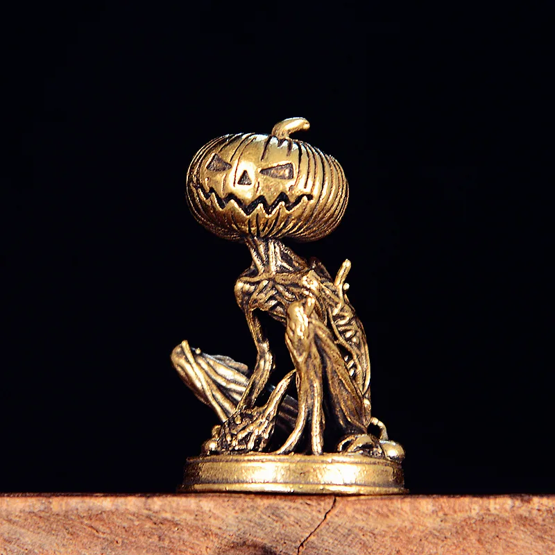 Brass Pumpkin Skeleton Figurine Halloween Mini Statue for Desk Tea Pet Decoration Home Decor