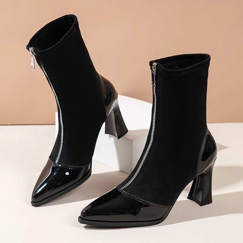 

2025 Fall/Winter New Stretch Skinny Boots Black High Heeled Booties Pointed Toe Versatile Mid Heel