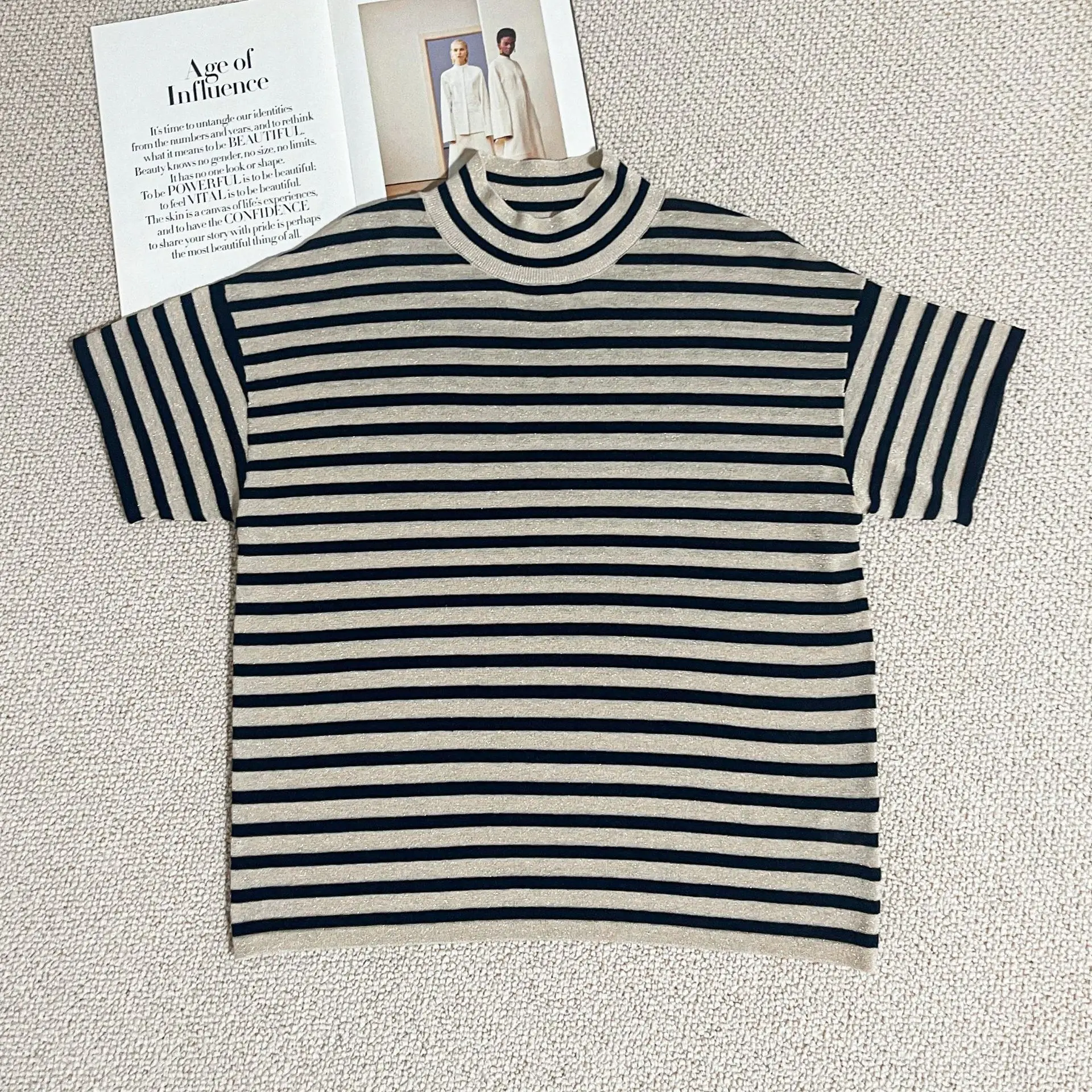 

Women's 2025 Spring New Round Neck Striped Knitted Short Sleeve, Versatile Half Sleeve Base Shirt Sweater