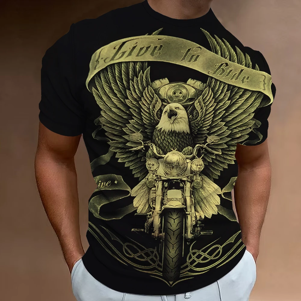 American Eagle Pattern Men\'S Tees 3D Motorcycle Printing T-Shirt Short Sleeve Retro Top Summer Men\'s Clothing Oversized Blouse