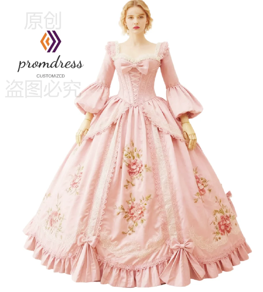 

Великолепное розовое вечернее платье Марии-Антуанетты 2026, кружевное викторианское платье для выпускного вечера с длинными рукавами и вышивкой, формальное средневековое платье эпохи Возрождения