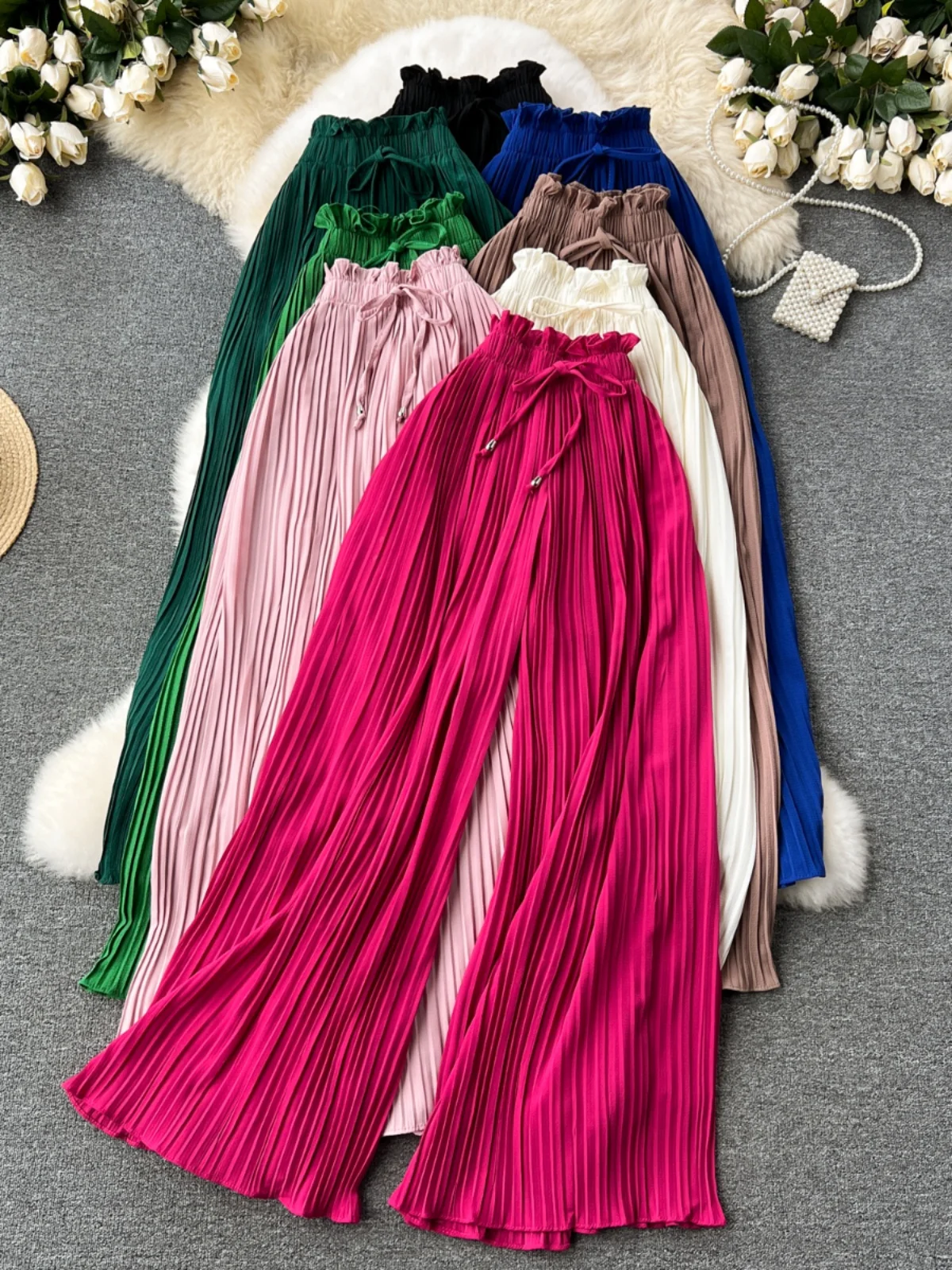 

Summer Wear High Waist Strap Versatile Casual Pants Women's Slightly Fat Large Size Slim Drapey Wide Leg Pleated Pants