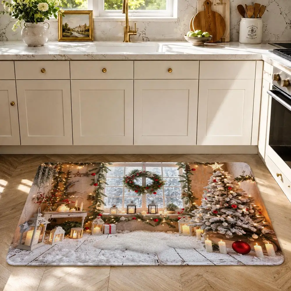 Christmas Candle Bauble Scenery Floor Mat Flannel Rug Soft Non Slip Washable Door Mat For Bathroom Bedroom Kitchen Home Decor
