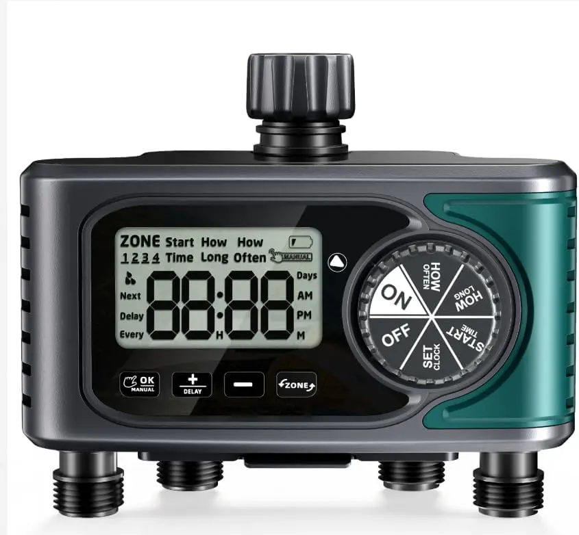 4-Zone Programmable Hose Timer, Rain Delay & Manual Watering, Leak-Proof Outdoor Irrigation