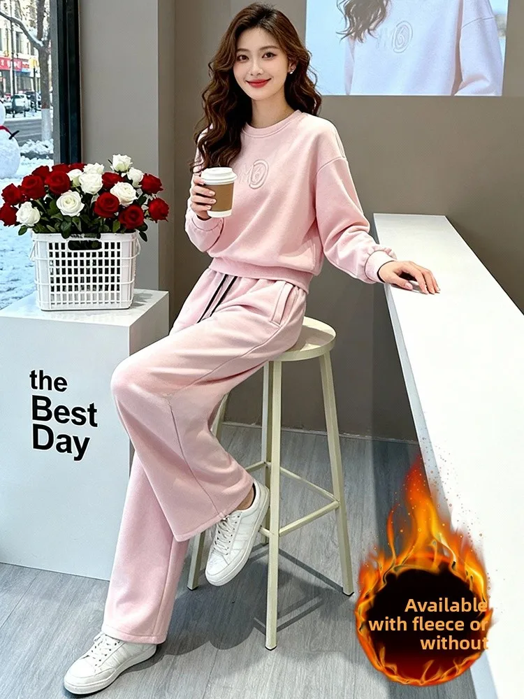

Chic Casual Sportswear Set Women's Fleece Lined Wide Leg Pants Pink Sweatshirt Two Piece Set Comfortable High Waist Pants