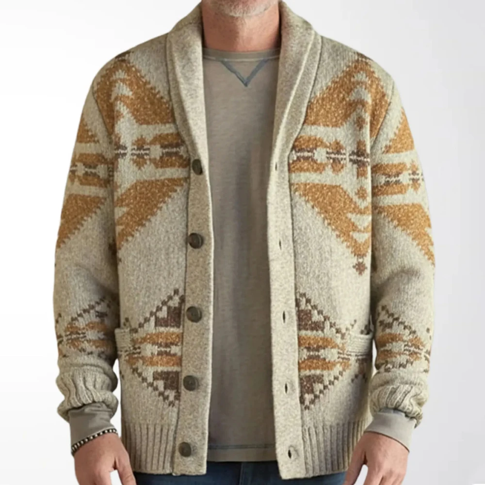 Men's Vintage Geometric Knit Cardigan Sweater Oversized Shawl Collar Button Up Casual Streetwear Autumn Winter