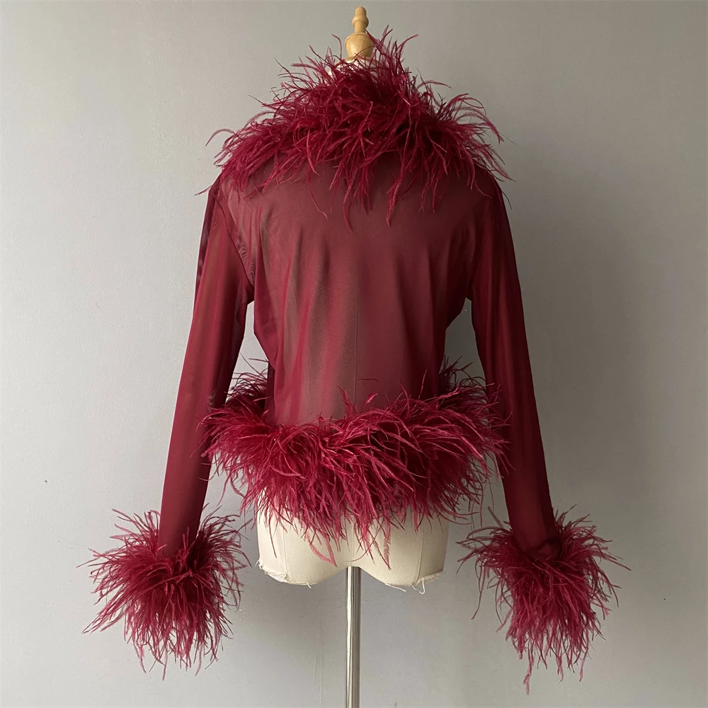 Jxwatcher Women's Sexy Mesh Feather Tops Spring Summer Ladies Vintage Celebrity Real Ostrich Feather Coat Fashion Party Wear New