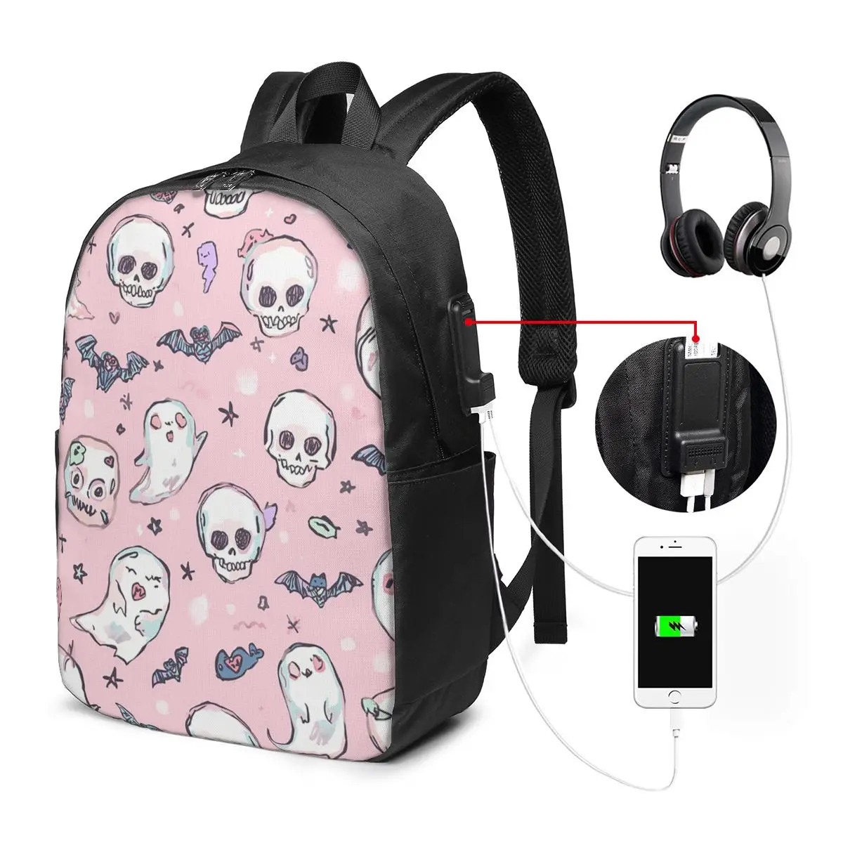 Halloween Pink Cute Magic Skull Backpack Travel Notebook Bag Computer College Student School Bag Laptop Shoulder Bags
