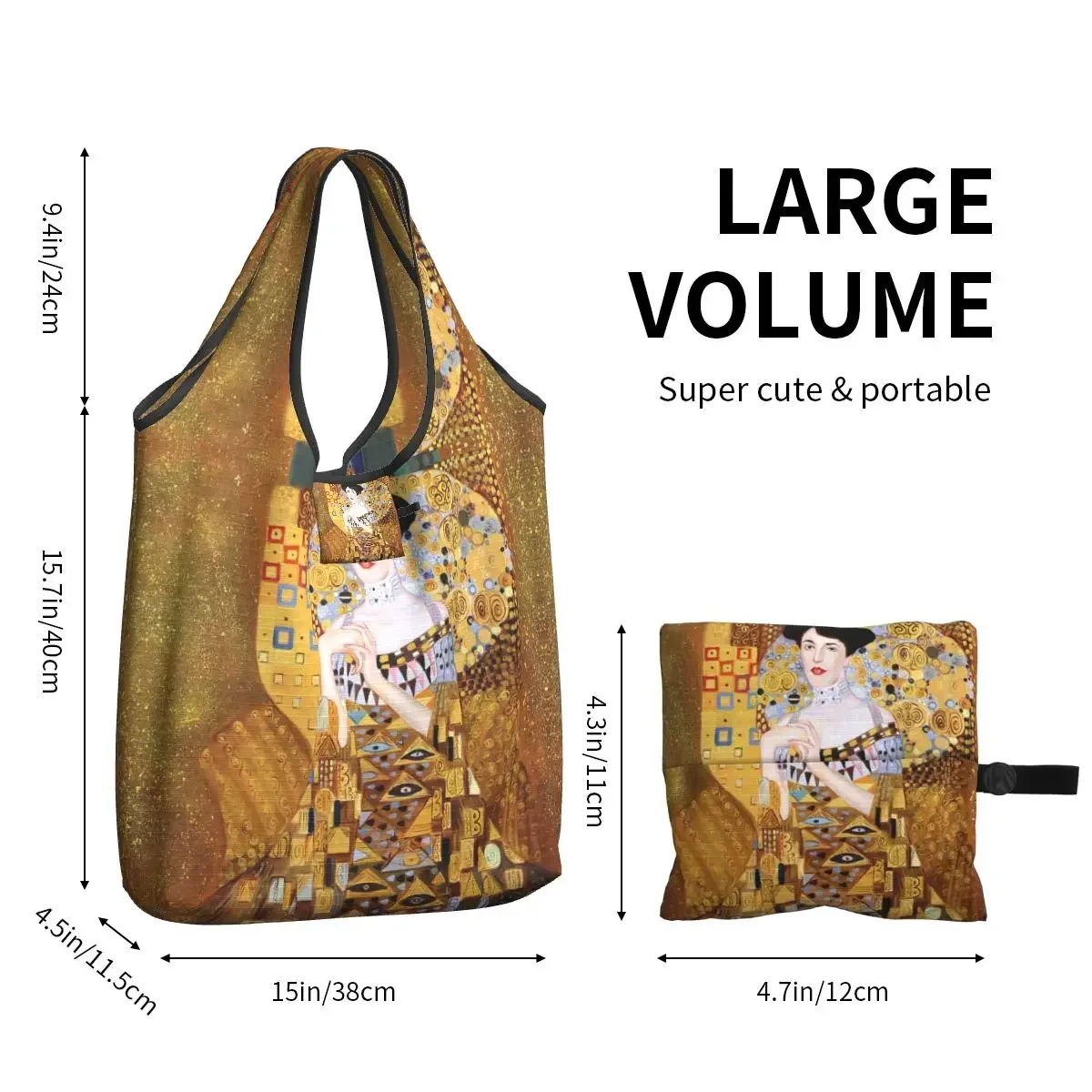 Large Reusable Gustav Klimt Grocery Bags Recycle Foldable Adele Bloch-Bauer Freyas Art Shopping Tote Bag Washable Waterproof