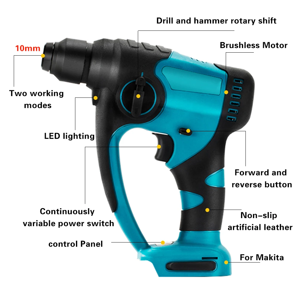 Brushless Electric Drill Cordless Multifunctional Rotary Hammer Concrete Percussion Drill Punch Power Tool For Makita 18V Batter