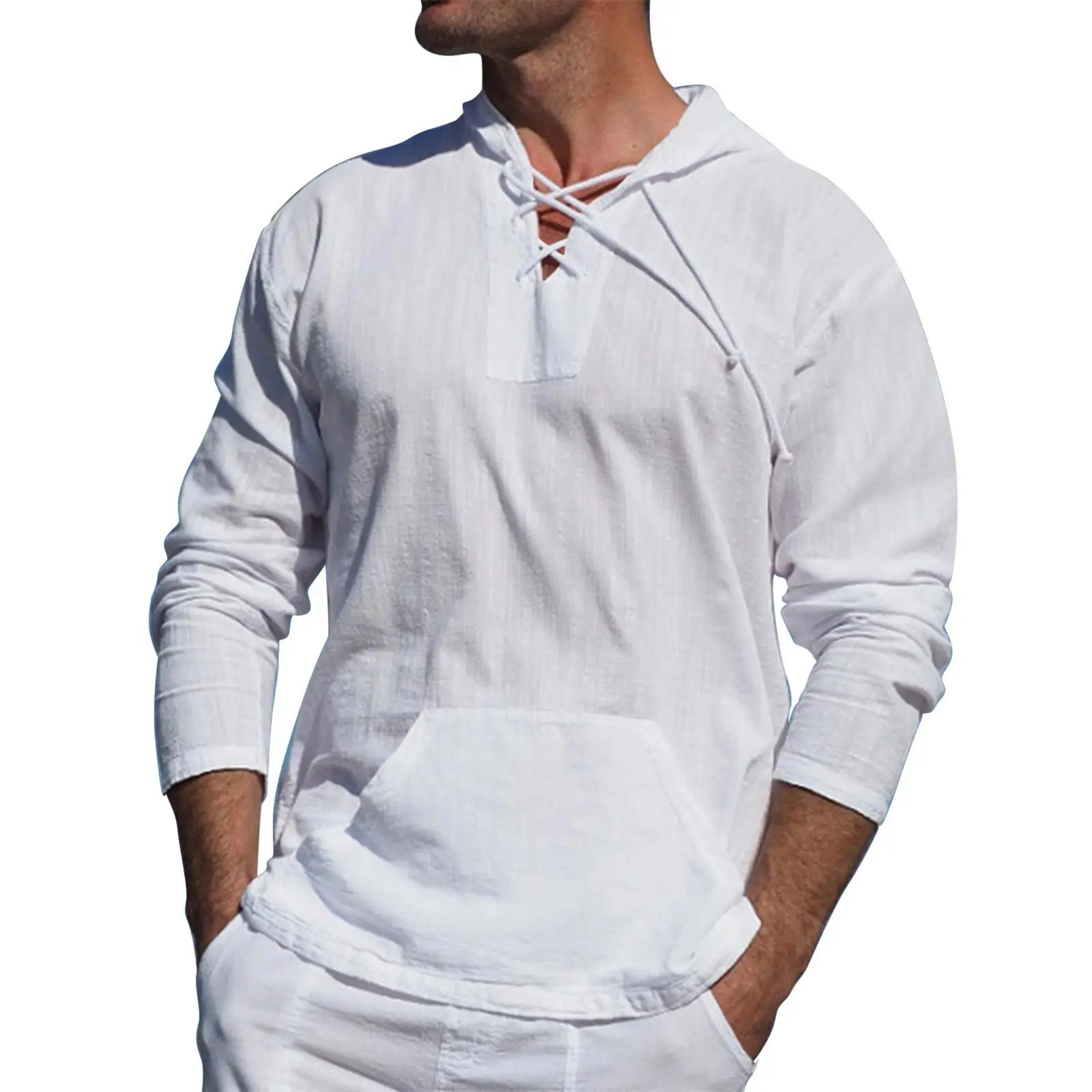 Men's Sports And Leisure Tropical Cotton And Linen Strap T-shirt, Pocket Decoration Solid Color Hooded Long-sleeved Trendy Shirt