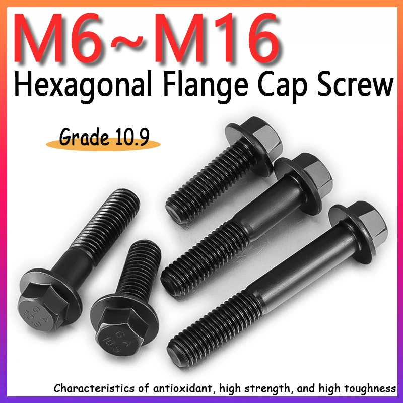 Grade 10.9 Black Carbon Steel M6 M8 M10 M12 M14 M16 Hex Flange Cap Screws Bolt with Pad Hexagonal Head Bolt Fastener 1~5pcs
