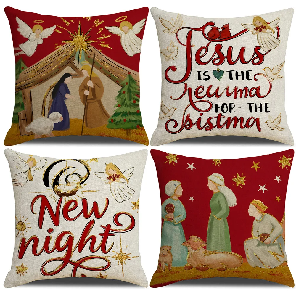 Festive 4pcs Set Of Christmas Pillowcases 18X18 Inch Vintage Santa Claus Reindeer Design Linen Blend
