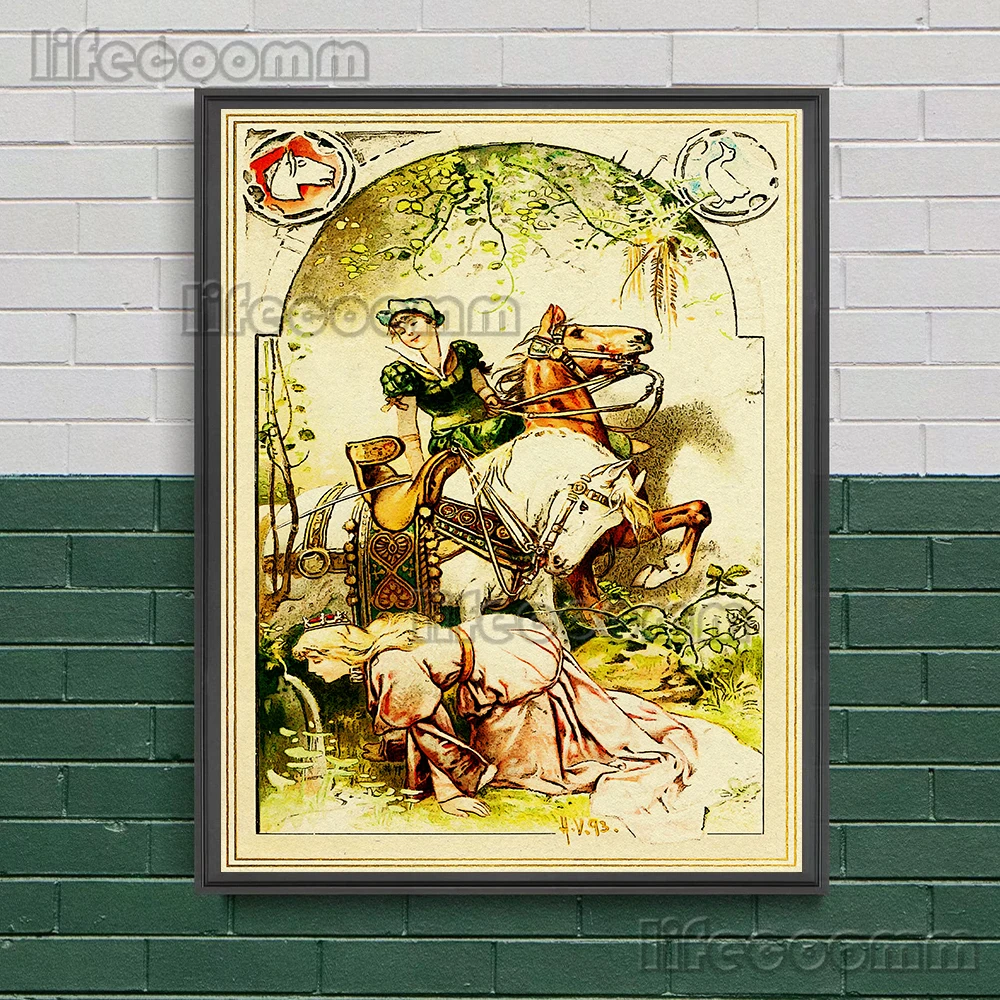 Kids Cute Nursery Fantasy Fairy Tale Vintage Wall Art Canvas Painting Goose Girl&Sleeping Beauty Abstract Art Poster Print Decor