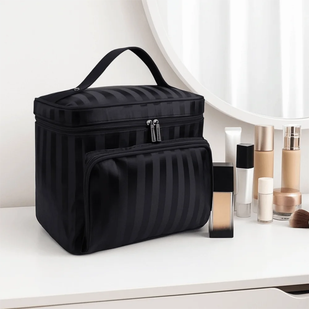 

Professional Hand-held Stripe Cosmetic Bag Waterproof Large Capacity Toiletry Bag Foldable with Zipper Travel Organizer Women