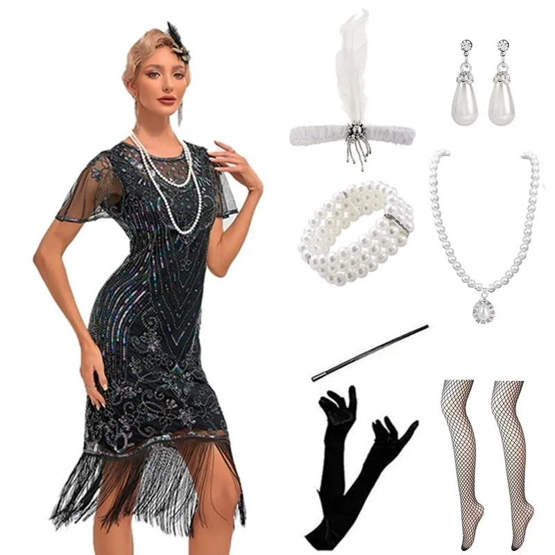Sexy Sequin Tassel Dress Set with See-through Sleeve And Retro 1920s Design Perfect for Parties Short Skirt Evening Gown
