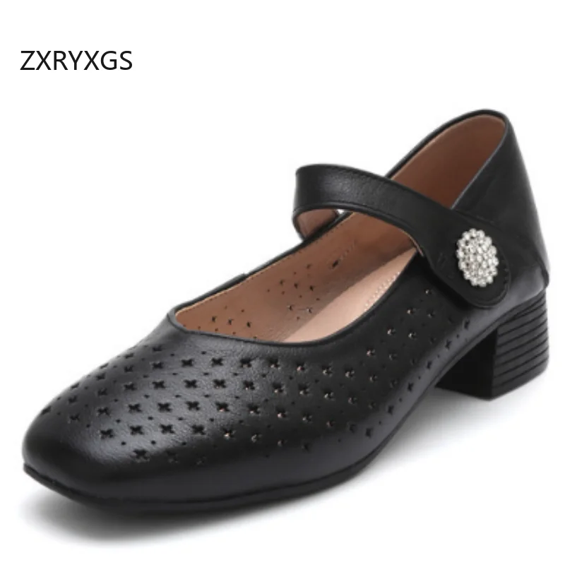 

ZXRYXGS, женские туфли из воловьей кожи с квадратным носком, женские туфли на среднем каблуке, 2025 г., полые дышащие банкетные сандалии, модные маленькие размеры, большие размеры