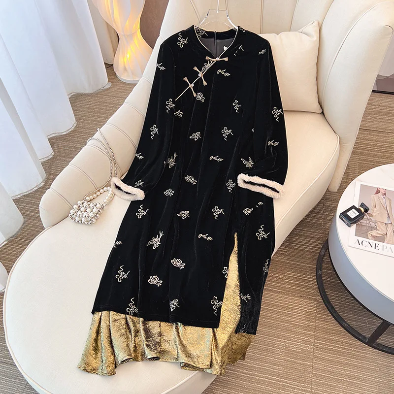 150Kg Plus Size Women's Bust 153 Autumn Winter Loose Retro Chinese Style Cheongsam Black Velvet Waist Cinched Dress 7XL 8XL 9XL