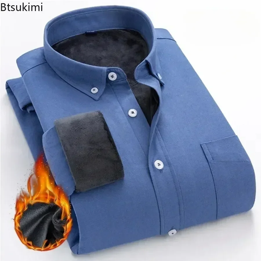 2025 New 100% Cotton Warm Shirts Men Oxford Simple Shirts Daily Casual Business Wear Tops Long Sleeve Fleece Solid Shirt for Men