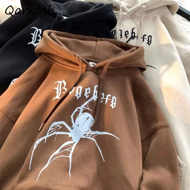 

Hoodies Women Autumn Winter Spider Print Korean Style Plus Velvet Thicken Loose Solid Loose Hip Hop Streetwear Vintage Pullover