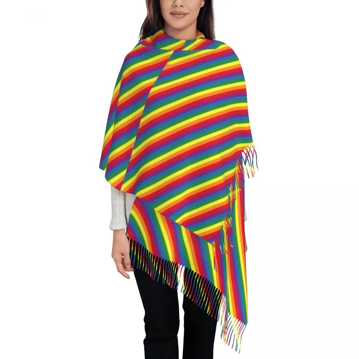 Diagonal Rainbow Scarf Stripes Shawls and Wraps with Long Tassel Womens Vintage Headwear Scarves Autumn Custom DIY Bufanda Mujer