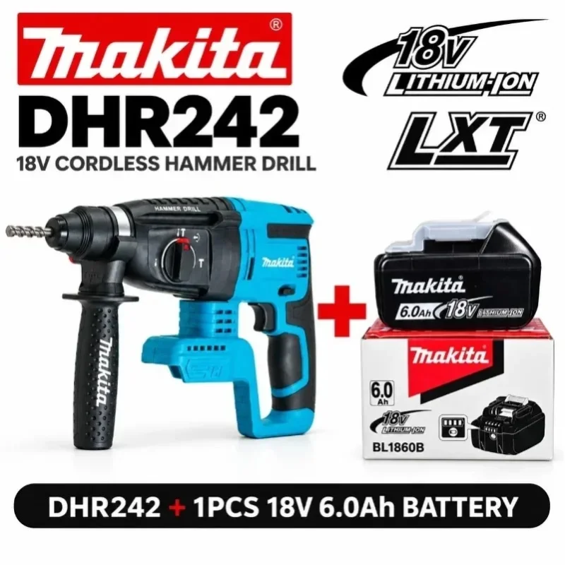 Makita DHR242 18V LXT – bezszczotkowy, akumulatorowy młot wiertniczy SDS Plus, wiertło do betonu 24 mm, 4700 IPM, 2,0 J, 3 tryby pracy, profesjonalne narzędzie o dużej mocy, kompatybilny z — 2