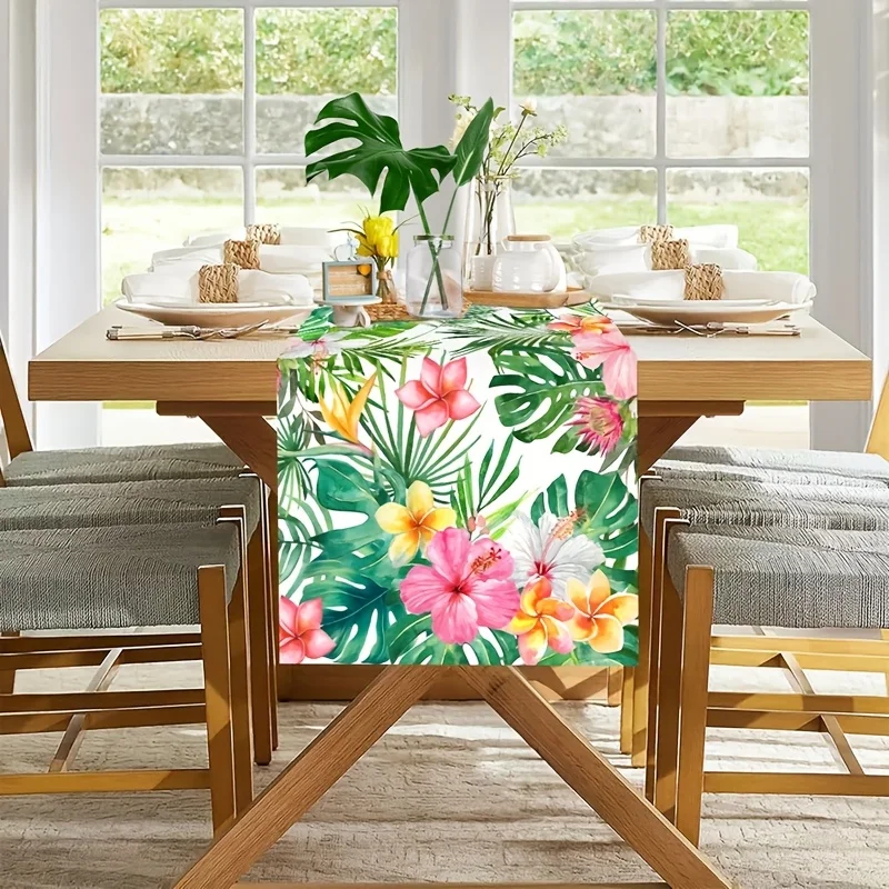 70.87*13.78inch Hawaiian Turtle Leaf Tablecover, Red Flower Polyester Table Cover For Tropical Hawaiian Summer Events, Kitchen D