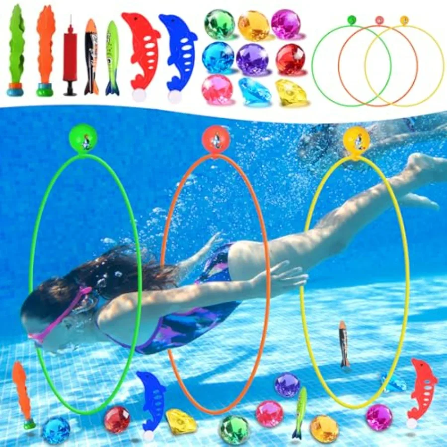 

Pool Toys Diving Rings Swim Thru Rings Pool Game Swim Toys with Dive Ring Underwater Diving Gems Fish Diving Toys for Boys Girl