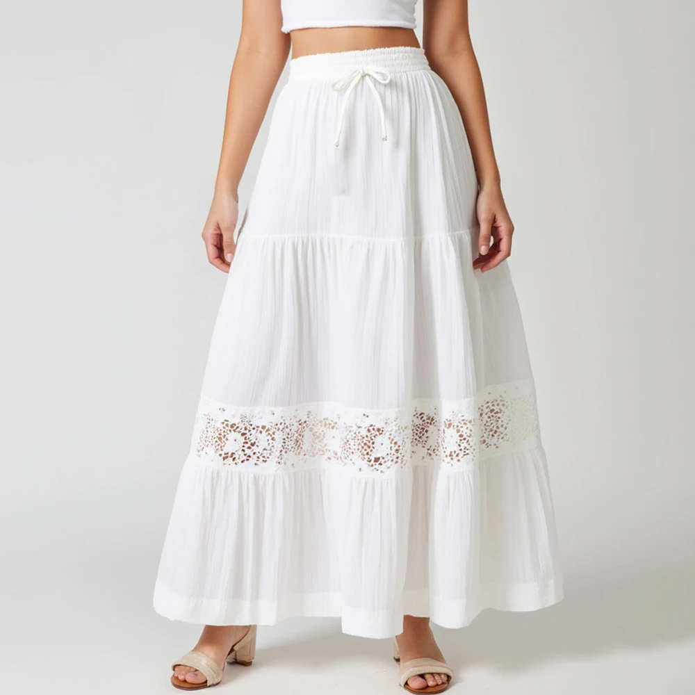 

Mia Muse Women's Skirts Autumn Daily Basic Dating Solid Color Lace Hollow Out High Waist Midi A-Line Long Casual Skirts