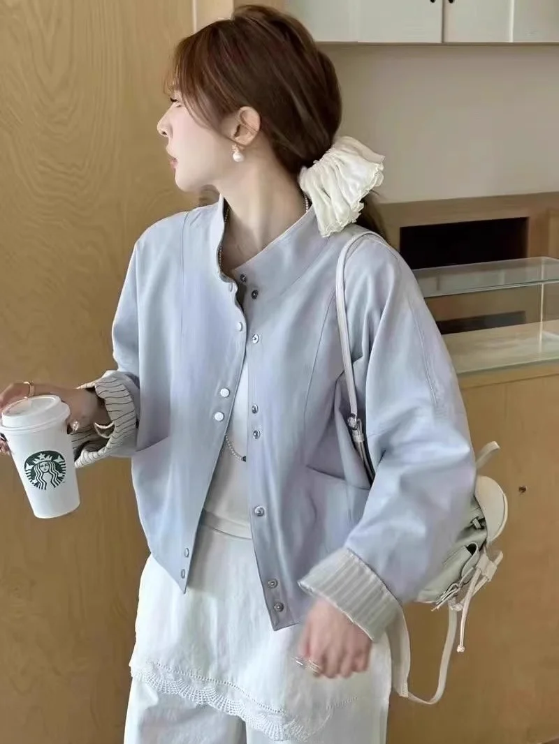 

Весенняя женская бейсбольная куртка 2026 года, верхняя одежда, в полоску, с лоскутным узором, воротник-стойка, модный топ, для повседневной носки, свободный крой