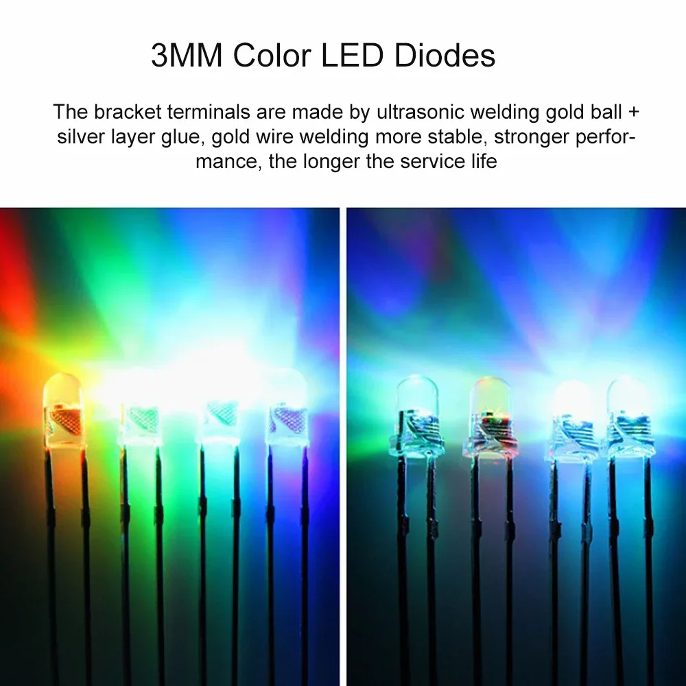 50pcs/100pcs F3 3mm Slow Flash Colorful LED Light Emitting Diode 2 Pins Clear Round LED Full Color Diodes DIY Electronic Kit