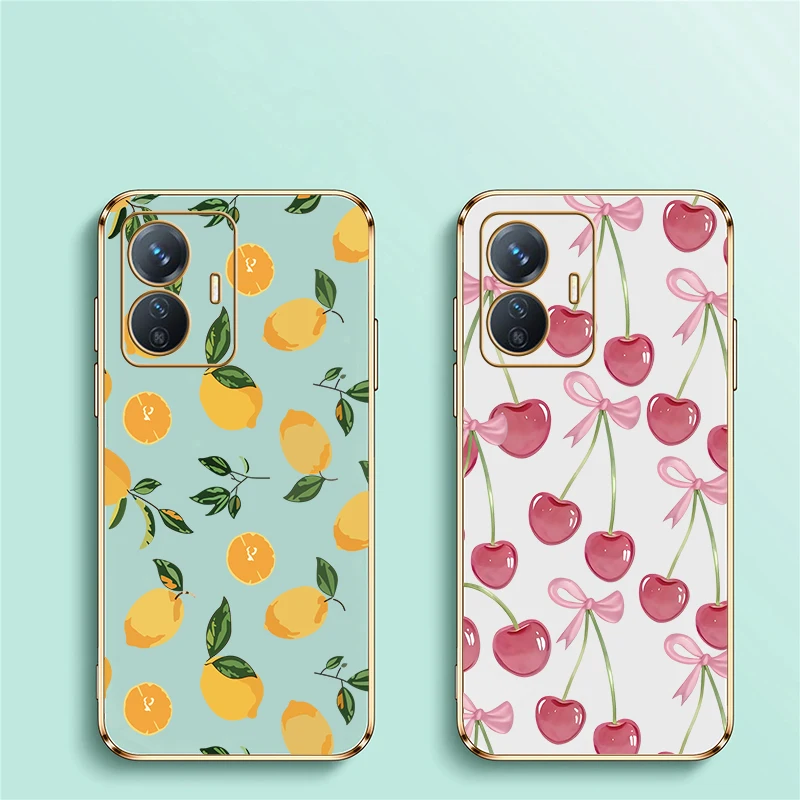 Phone Case For Vivo V40 V25 V27 Pro V30E V21 V25E V23E V21E V29 V29E V27E Luxury Plating Soft Silicone Lemon Cherry Print Cover