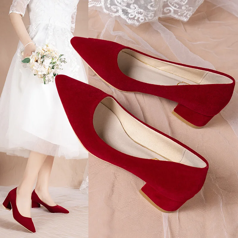 3CM 5CM 7CM Spring French Red Wedding Shoes For Women Summer Autumn New Pointed Thick Heels Not Tiring Feet Bride Shoes 34-42