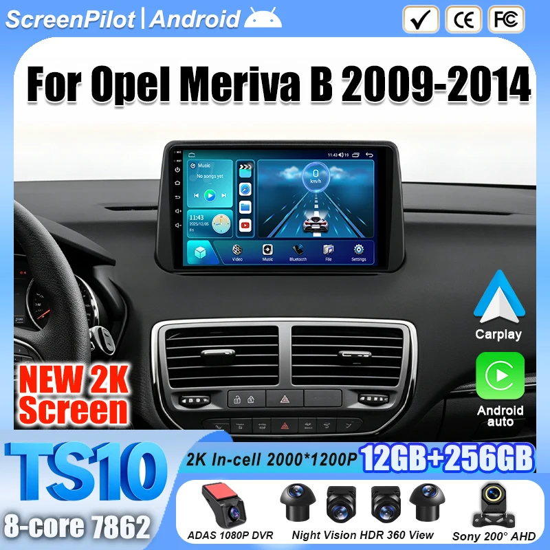 9 Inch Android 16 For Opel Meriva B 2009-2014 Car Radio Stereo Head Unit Multimedia Video Player Mirror Link 2K QLED 5G 8 Core
