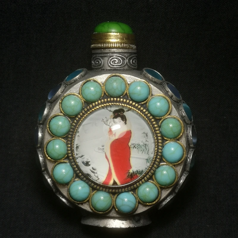 YIZHU CULTUER ART Size 7.8 x 6.4 cm Old Chinese Tibet Silver Inlay Jewelry Painting Belle Beauty Snuff Bottle