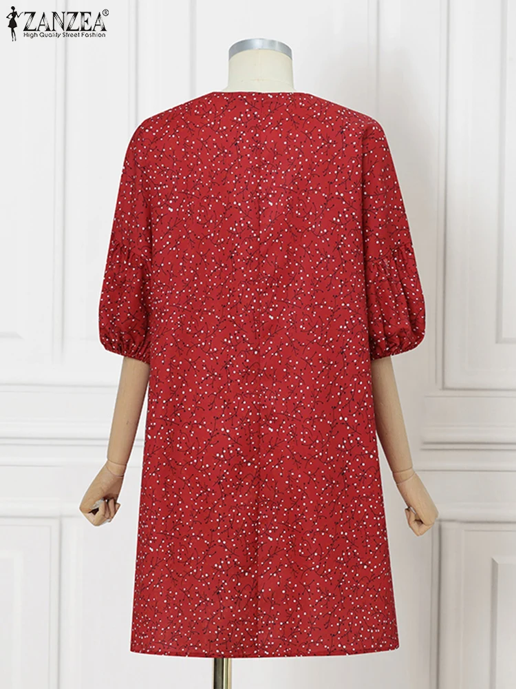 ZANZEA Vintage Print Dress Elegant Knee-Length Sundress Summer Vestidos 2025 Casual Loose Half Lantern Sleeve Party Robe